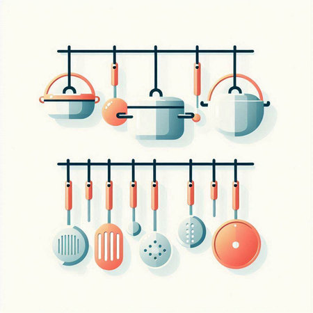 Kitchen utensils hanging on the wall. Vector illustration.のイラスト素材