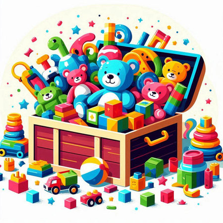 Vector illustration of a wooden box full of toys on a white backgroundのイラスト素材