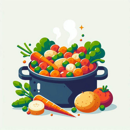 Vegetables in a cooking pot. Vegetarian food. Vector illustration.のイラスト素材