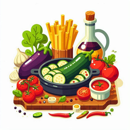 Vegetables and ingredients for cooking on wooden board. Vector illustrationのイラスト素材