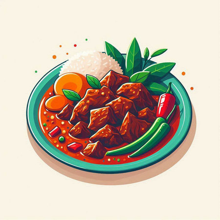 Illustration of a plate with beef stew, rice and chilliのイラスト素材