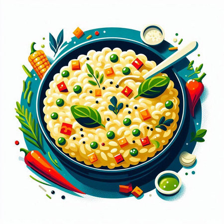 Illustration of risotto with green peas, carrots and parsleyのイラスト素材