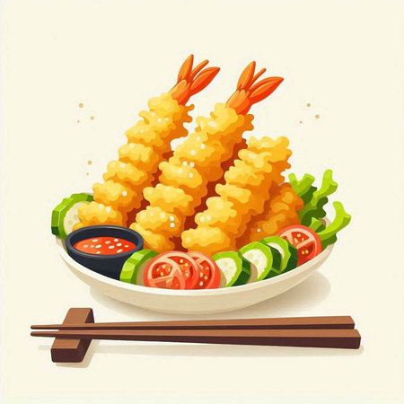 Illustration of shrimp tempura in a plate with chopsticks and vegetablesのイラスト素材