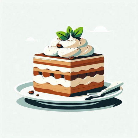 Piece of cake with whipped cream on a plate. Vector illustrationのイラスト素材