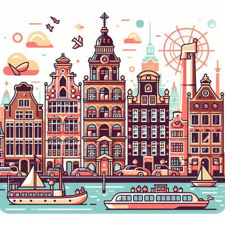 Amsterdam, Netherlands. Colorful hand drawn vector illustration in cartoon style.のイラスト素材
