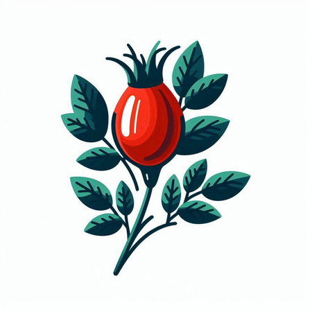 Rosehip with leaves isolated on white background. Vector illustration in flat style.のイラスト素材