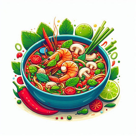 Illustration of a bowl of spicy soup with shrimps and vegetablesのイラスト素材