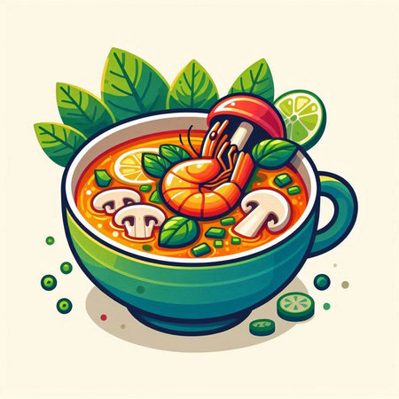 Tom Yum soup with shrimps and mushrooms. Vector illustration.のイラスト素材