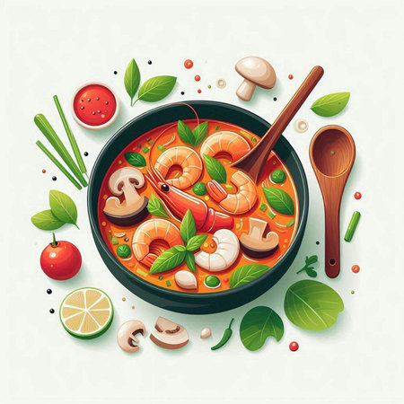 Tom Yum soup with shrimps, mushrooms, tomatoes and herbs. Vector illustration.のイラスト素材
