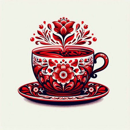 Cup of tea with floral ornament. Hand drawn vector illustration.のイラスト素材