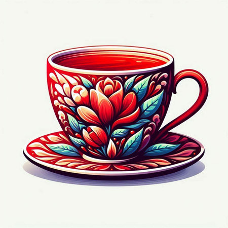Cup of tea with floral ornament on a white background. Vector illustration.のイラスト素材