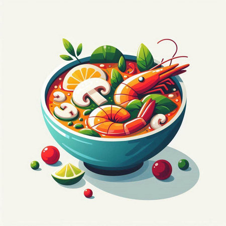 Tom yum soup with shrimp, mushrooms and vegetables. Vector illustration.のイラスト素材