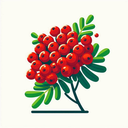 Red rowan berries on a white background. Vector illustration in flat style.のイラスト素材