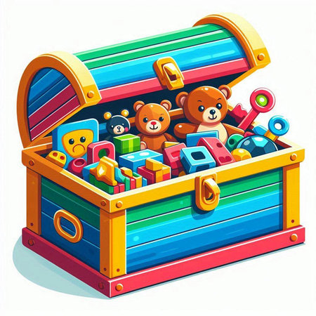 Illustration of a wooden chest full of toys on a white backgroundのイラスト素材