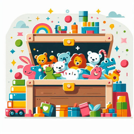 Children's toys in a wooden box on a white background. Vector illustration.のイラスト素材