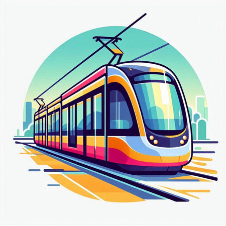modern tram on the background of the modern city. vector illustration.のイラスト素材
