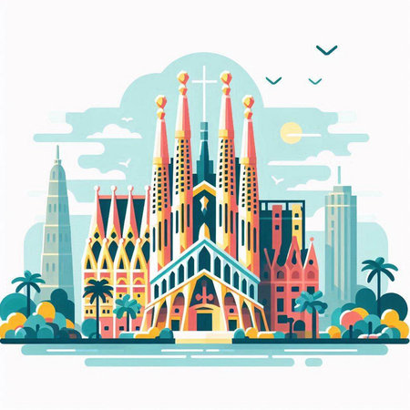 Church of the Sacred Heart of Jesus in Barcelona, Spain. Vector illustrationのイラスト素材