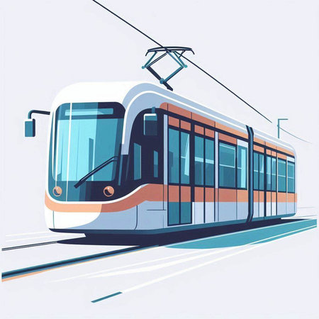 Modern tram on the background of the city. Vector illustration in a flat styleのイラスト素材