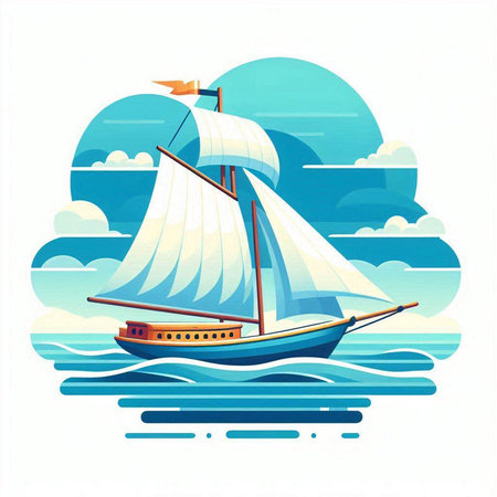 Sailing ship in the sea. Vector illustration in flat style.のイラスト素材
