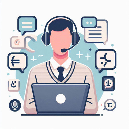 Call center operator with headset and laptop. Flat style vector illustration.のイラスト素材