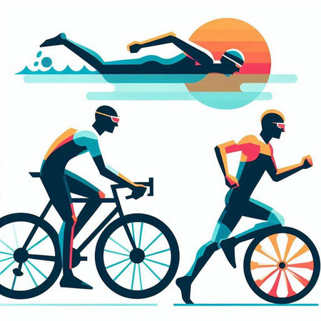 Cyclists in sportswear and helmets swimming in the sea. Vector illustrationのイラスト素材