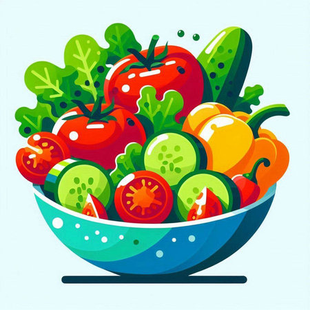 Vegetable salad in a bowl on a blue background. Vector illustration.のイラスト素材