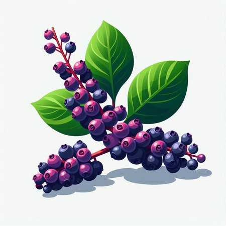 Bunch of fresh blueberries with green leaves. Vector illustration.のイラスト素材