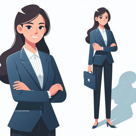 Business woman in suit with briefcase. Vector illustration in cartoon style.のイラスト素材