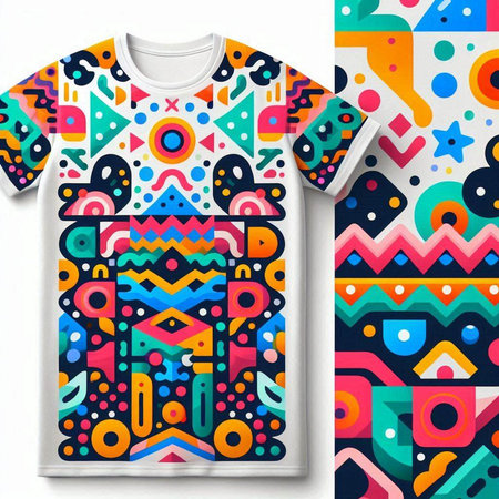 T-shirt design with colorful geometric pattern on white background. Vector illustration.のイラスト素材