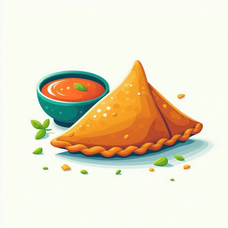 Illustration of samosas with tomato sauce on white background.のイラスト素材