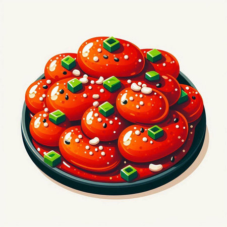 Illustration of a round cake with red caviar on a white backgroundのイラスト素材