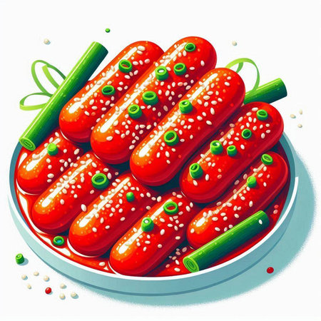 Sausages with sesame seeds on a plate. Vector illustration.のイラスト素材