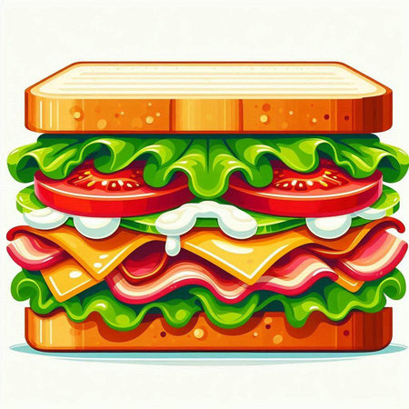 Sandwich with ham, cheese, tomato and lettuce. Vector illustration.のイラスト素材