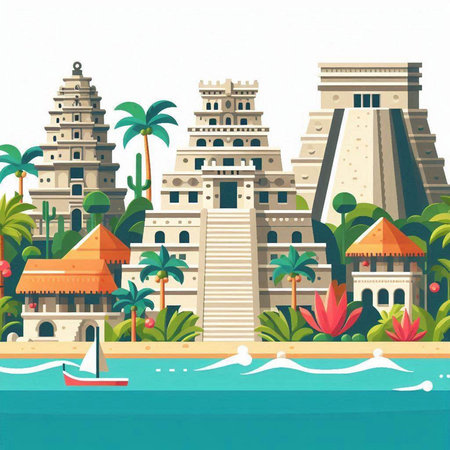 Palm trees and ancient buildings on the beach. Vector illustration.のイラスト素材