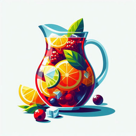 Vector illustration of a jug of sangria with fruits and berries.のイラスト素材