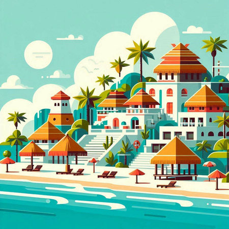 Hotel on the beach with palm trees. Vector illustration in retro styleのイラスト素材