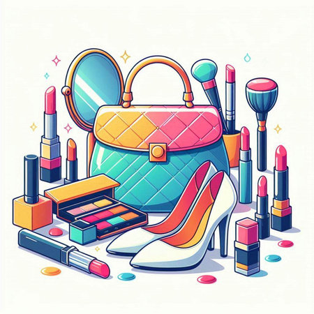 Vector illustration of a woman's handbag, cosmetics and shoes.のイラスト素材