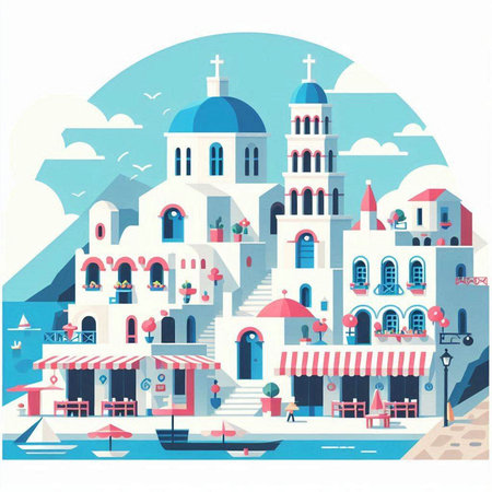 Church in the town of Santorini, Greece. Vector illustrationのイラスト素材