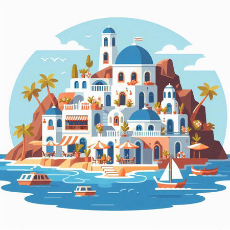 Santorini, Greece. Colorful vector illustration in flat styleのイラスト素材