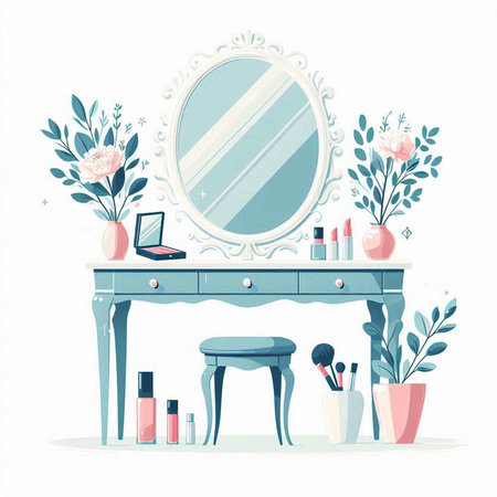 Vector illustration of a dressing table with mirror, cosmetics, flowers and plants.のイラスト素材