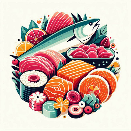 Vector illustration of Japanese cuisine. Sashimi, salmon, fish, seaweed, ginger, wasabi.のイラスト素材