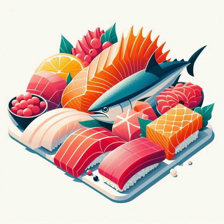 Japanese food. Sushi set with salmon, tuna, shrimp, fish, caviar, seaweed, caviar. Vector illustrationのイラスト素材