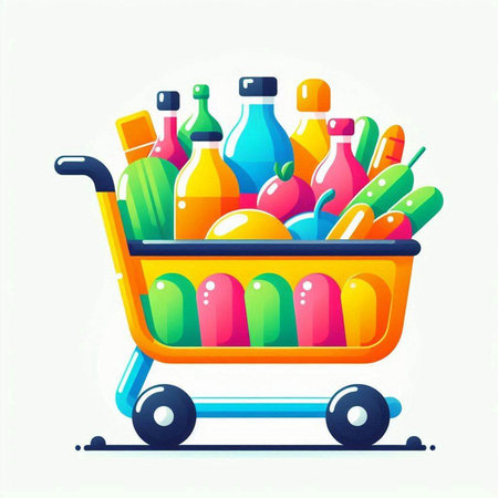 Shopping cart full of food and drinks. Vector illustration in flat styleのイラスト素材
