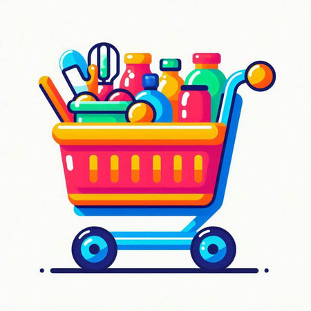 Shopping cart full of food products. Colorful vector illustration.のイラスト素材
