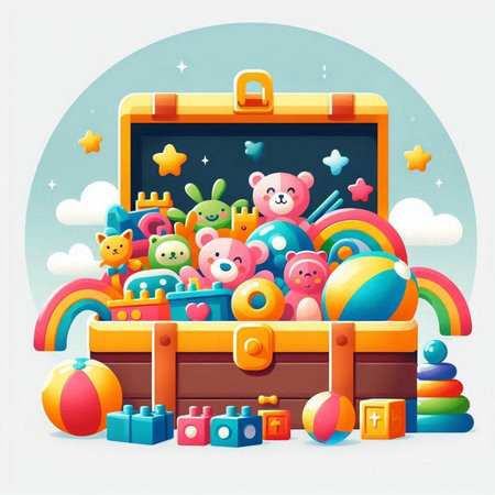 Illustration of a wooden box full of toys and a rainbow.のイラスト素材