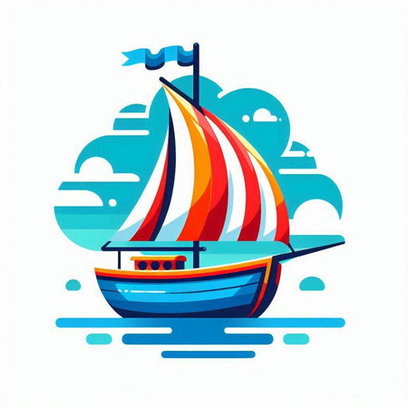 Sailing boat on the sea. Vector illustration in flat style.のイラスト素材