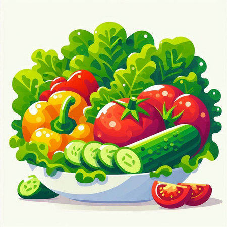 Fresh vegetables in a bowl. Vector illustration. Vegetarian food.のイラスト素材