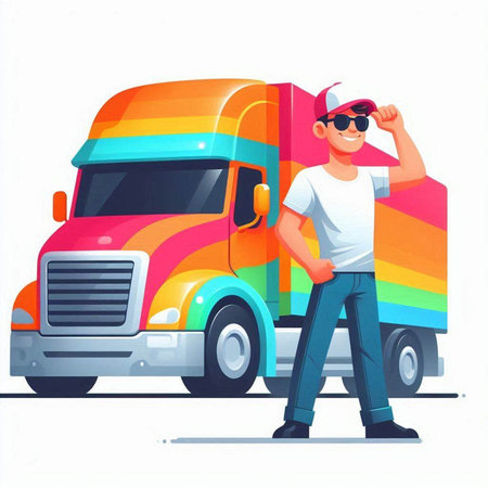 Man in sunglasses standing near truck. Vector illustration in cartoon style.のイラスト素材