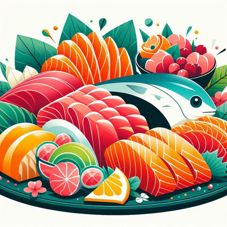 Vector illustration of salmon and salmon sashimi. Japanese food.のイラスト素材