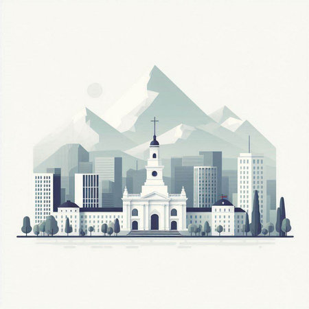 City skyline with church and mountains on white background. Vector illustration.のイラスト素材